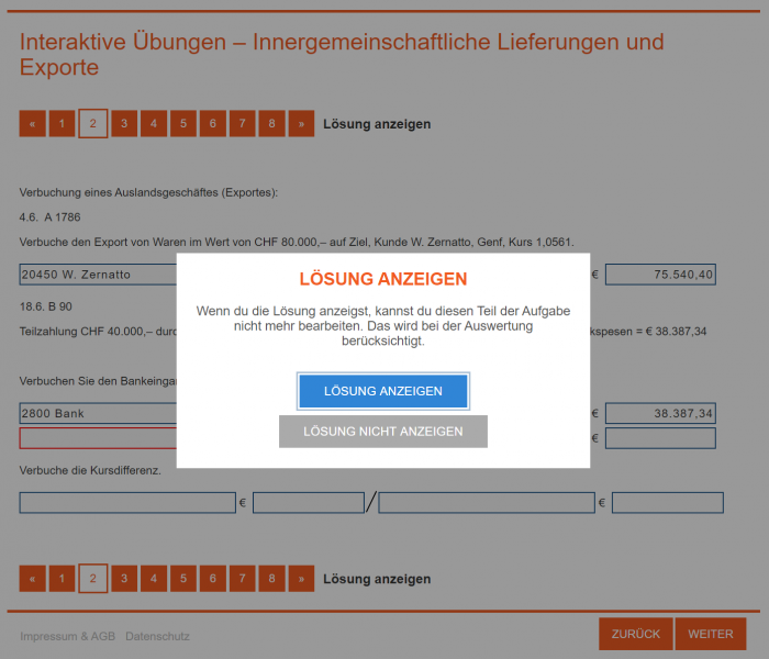 Vor dem Anzeigen einer Lösung erscheint ein Hinweis, dass dies in der Auswertung der MEHR!-Übung berücksichtigt wird.