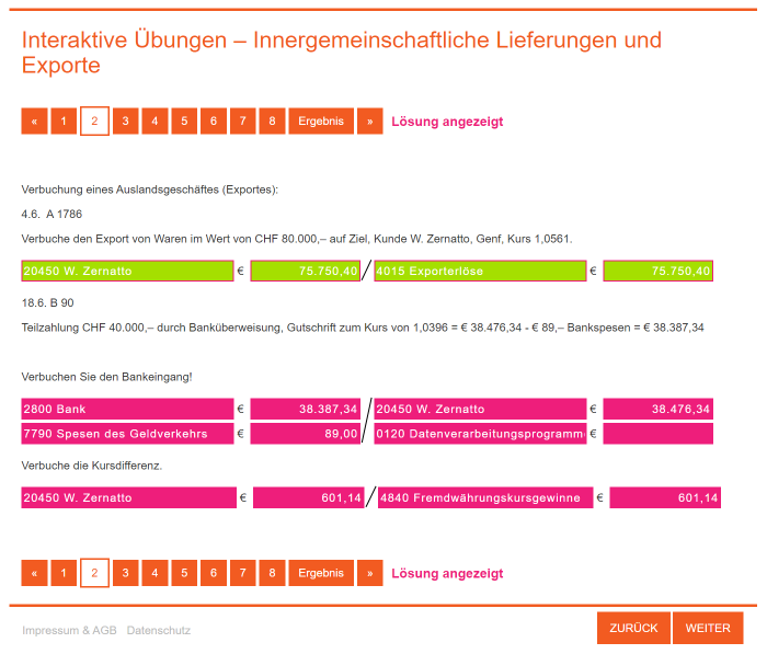 Wenn NACH der automatischen Auswertung der MEHR!-Übung bei einer Teilaufgabe die Lösung angezeigt wird, werden nur die falschen Eingaben korrigiert; richtige (hier grün) bleiben erhalten und in der Auswertung berücksichtigt.