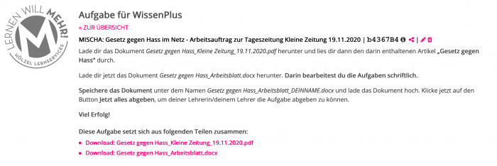 Gesetz gegen Hass Lernraum Aufgabe MISCHA