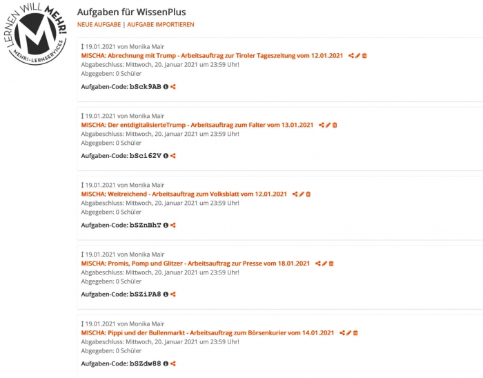 Mischa - Medien in Schule und Ausbildung - Aufgaben fuer den Lernraum mit Aufgaben-Codes