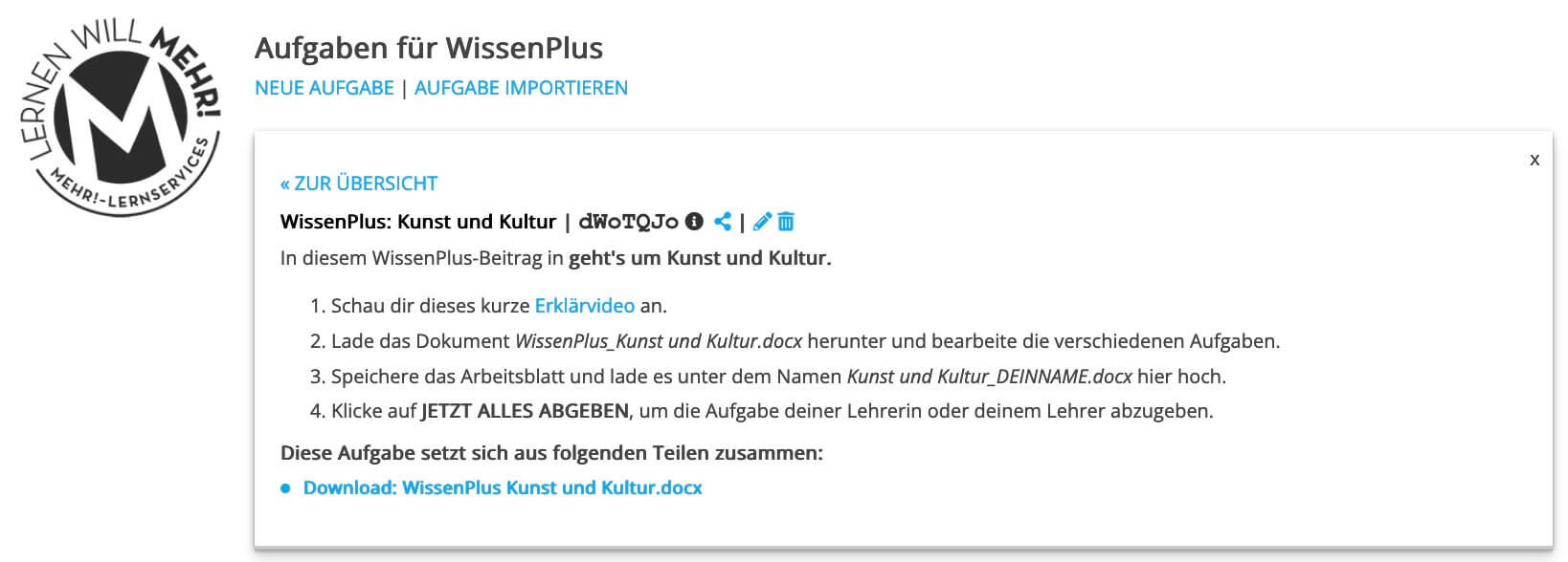 Lernraumaufgabe Kunst und Kultur