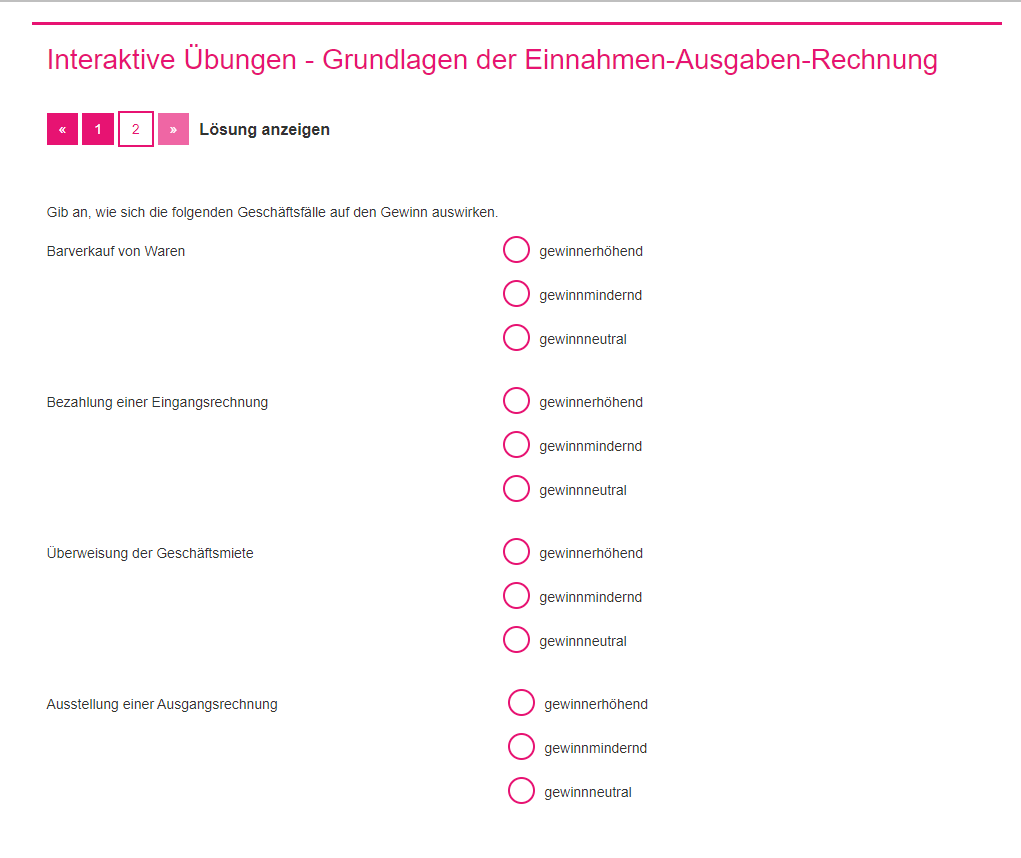 Rechnungswesen: Interaktive Übungen in den E-BOOKS+ Hölzel Verlag - Interaktive Übungen: Grundlagen Einnahmen-Ausgaben-Rechnung